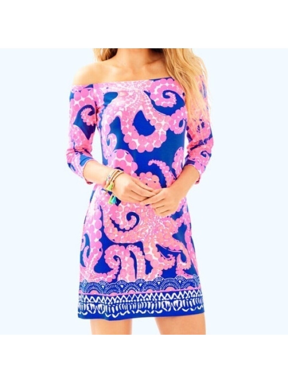 Lilly Pulitzer LAURANA OFF THE SHOULDER DRESS Ikat Blue Mocean Women's Sz XS